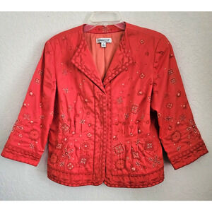 JACKET COLDWATER CREEK-Waist Length-Bright Orange Embroidered-3/4 Sleeve-Size 12